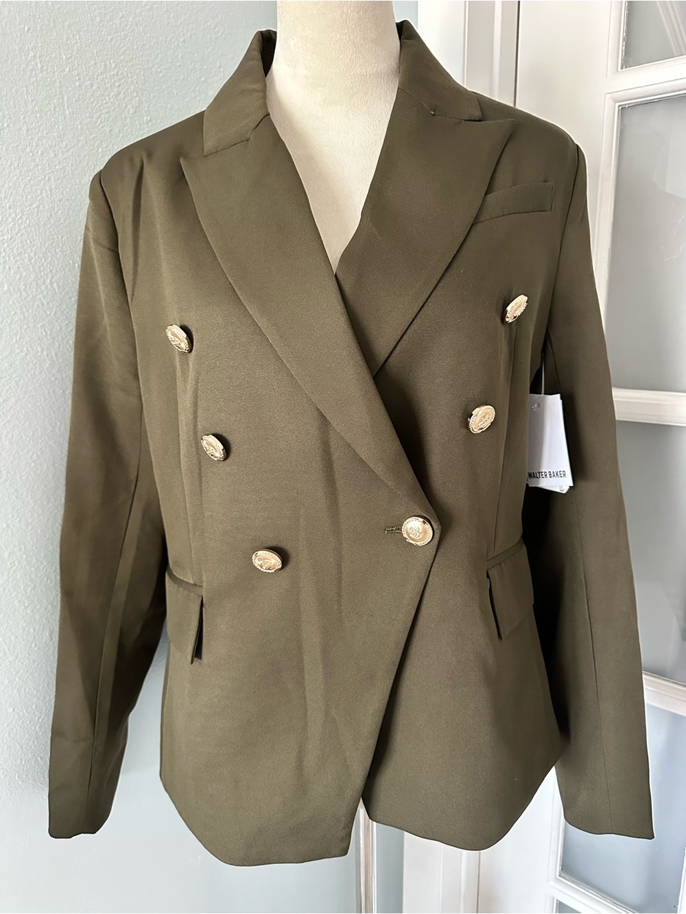 Walter Baker Olive Green Double-Breasted Blazer with Gold Buttons